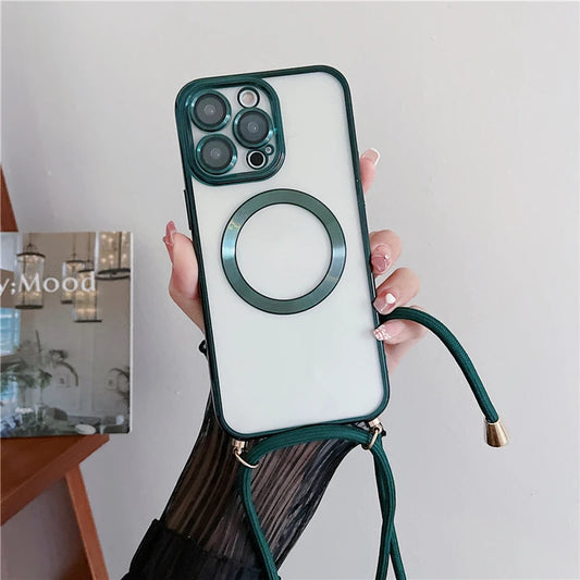 Clear MagSafe case with magnetic closure and cross-body strap